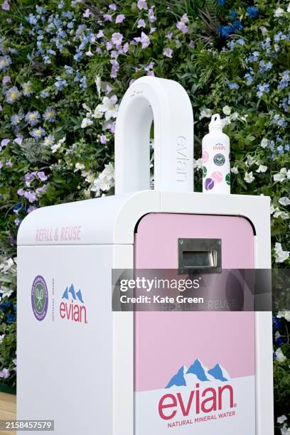In this image released today, an evian bottle and refillable system are pictured at the All England Lawn Tennis and Croquet Club in Wimbledon,...