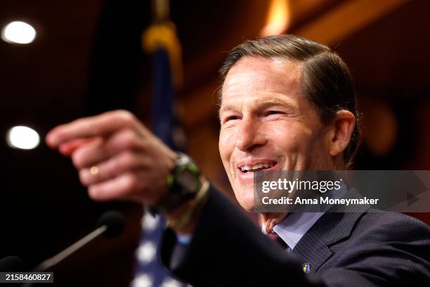 Sen. Richard Blumenthal speaks alongside Sen. Lindsey Graham during a news conference at the U.S. Capitol on June 20, 2024 in Washington, DC. The...