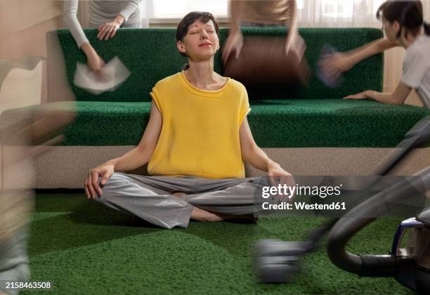 multiple exposure of woman meditating and doing housework - multiple exposure stock pictures, royalty-free photos & images