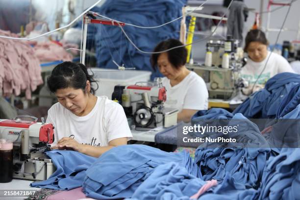 Worker of a cotton textile company is producing fabric products at a workshop in Binzhou, China, on June 24, 2024. At present, a variety of tooling,...