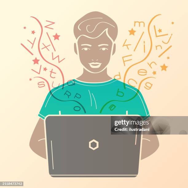 young man working on computer in retro style - hybrid working stock illustrations