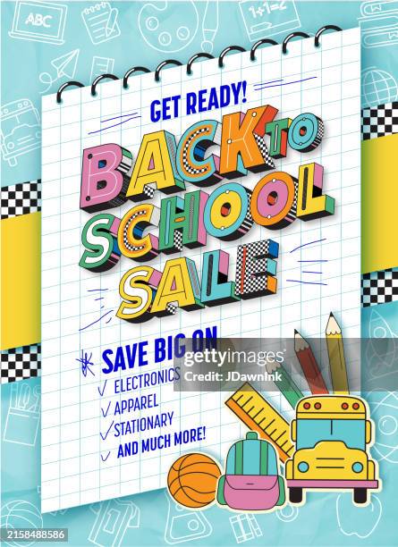 back to school sale retro 90s style banner template design with crumpled paper and pencils 3d text education and fun icons - back to school stock illustrations