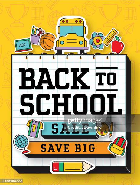 back to school sale poster flyer template design with text layout and education icons - vehicle-features-icon stock illustrations