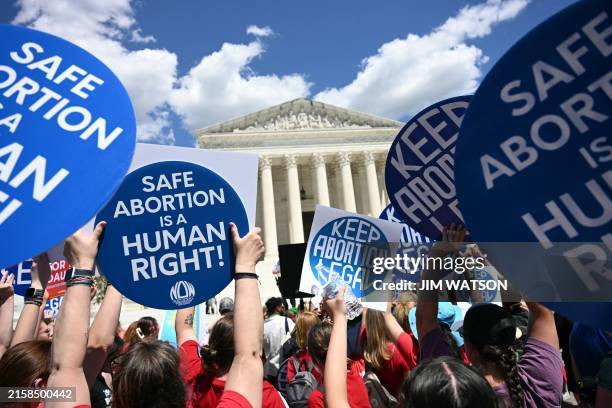 Reproductive rights activists demonstrate in front of the Supreme Court in Washington, DC, on June 24, 2024.