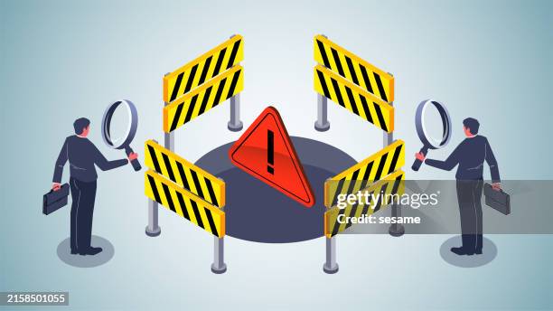 stockillustraties, clipart, cartoons en iconen met risk assessment, mistrust and suspicion of unknown risks or hazards, isometric traders standing with magnifying glasses in front of a pothole surrounded by warning signs and observing - verdwaald