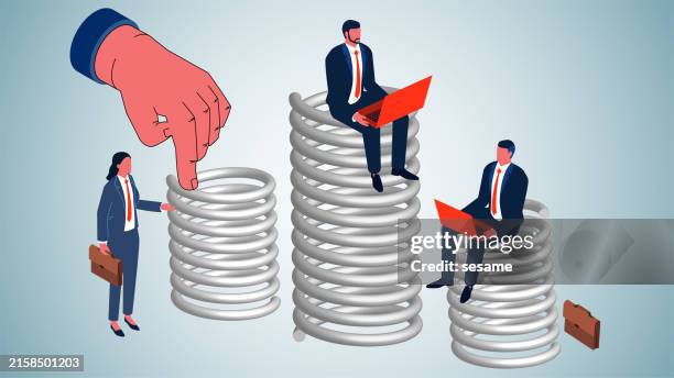 flexible work system, flexible work, freedom of work and time, freelancing, easy and humanized work and management system, isometric businessmen sitting on springs and working - workplace flexibility stock illustrations