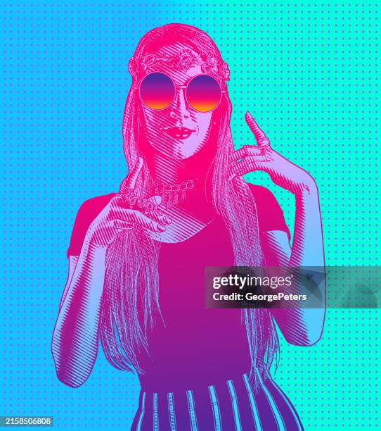 stockillustraties, clipart, cartoons en iconen met hippie festival girl - psychedelisch