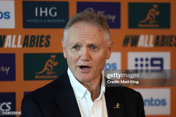 Wallabies head coach Joe Schmidt speaks to the media during the Wallabies International Test series squad announcement at Rugby HQ on June 21, 2024...