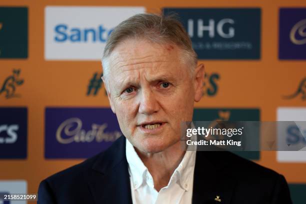 Wallabies head coach Joe Schmidt speaks to the media during the Wallabies International Test series squad announcement at Rugby HQ on June 21, 2024...