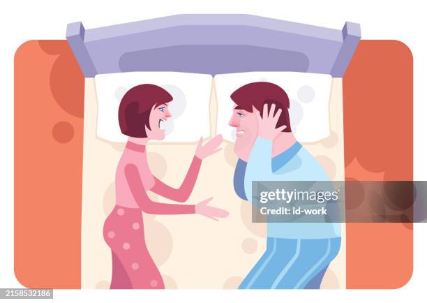 woman lying in bed and blaming husband who covering ears - wife stock illustrations