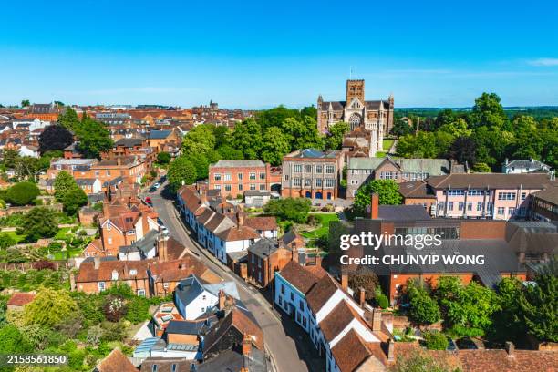 an aerial photo of the cathedral & city of st albans in hertfordshire, england - hertfordshire stock pictures, royalty-free photos & images