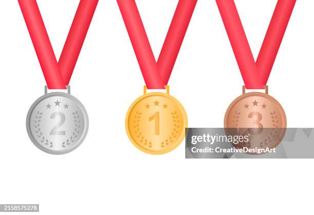 gold-, silber- und bronze-award-medaillen auf weißem hintergrund - medallion stock-grafiken, -clipart, -cartoons und -symbole