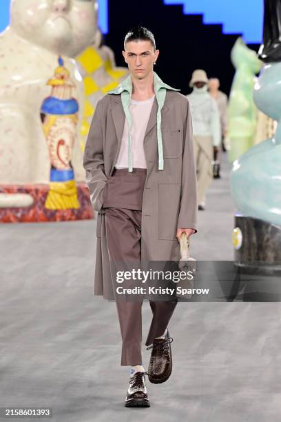 Model walks the runway during the Dior Homme Menswear Spring/Summer 2025 show as part of Paris Fashion Week on June 21, 2024 in Paris, France.