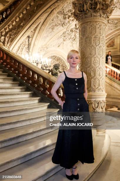 Actress Michelle Williams poses upon arrival ahead of the Chanel's Haute-Couture Fall/Winter 2024 show as part of the Paris Fashion Week at Palais...