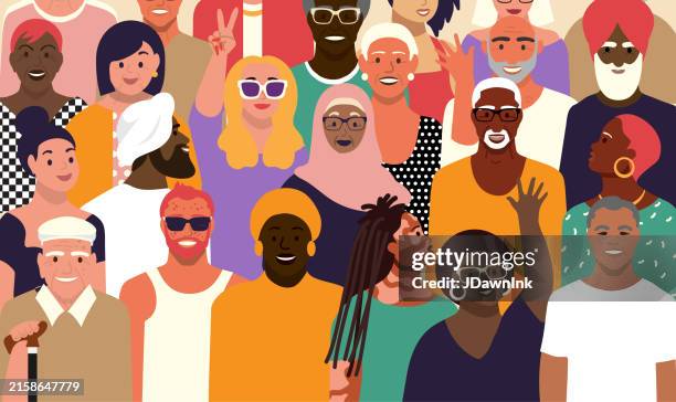 bildbanksillustrationer, clip art samt tecknat material och ikoner med crowd of diverse people, young people, middle aged, seniors or baby boomers, disabled with both men and women vibrant colors background - livssyn