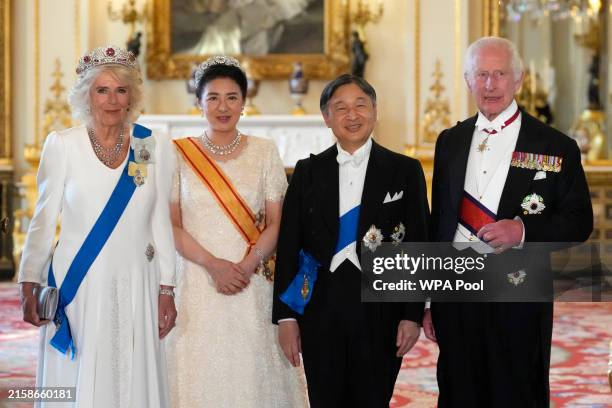 Britain's King Charles III, , Japan's Emperor Naruhito, Empress Masako and Queen Camilla , pose for a group photo ahead of the State Banquet during...