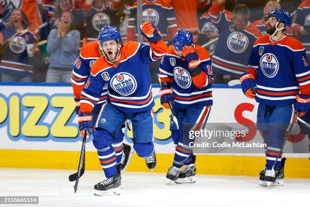 Mattias Janmark of the Edmonton Oilers cheers after a play during the second period of Game Six of the 2024 Stanley Cup Final against the Florida...