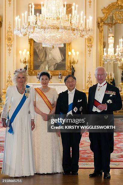 Britain's King Charles III , Britain's Queen Camilla , Japan's Emperor Naruhito and Japan's Empress Masako pose for a formal photograph ahead of a...