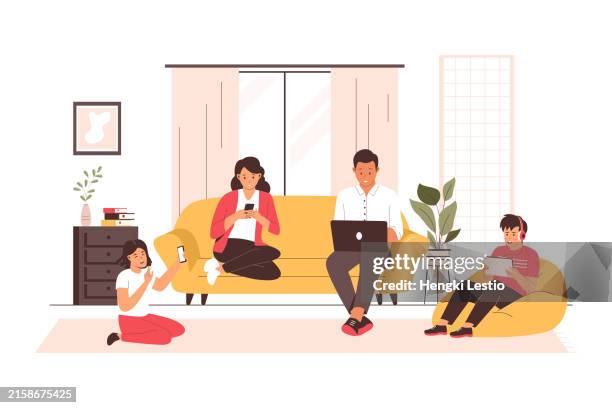 internet addiction family concept - watching phone couch stock illustrations
