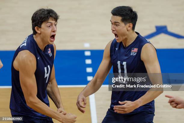 Jeffrey Jendryk II and Micah Christenson of USA celebrate after their win over Germany during the FIVB Men's Nations League game between Germany and...