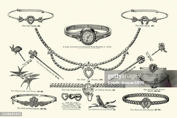 examples of victorian jewellery, bracelet, bangle, necklace, brooches, lockets, ladies watch, pearl, diamond, 1890s, 19th century vintage illustration - wristwatch stock illustrations
