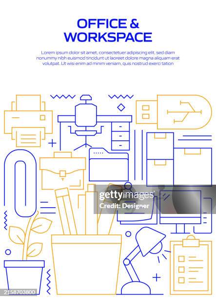 bildbanksillustrationer, clip art samt tecknat material och ikoner med office and workspace related line style banner design for web page, headline, brochure, annual report and book cover - kontorstillbehör