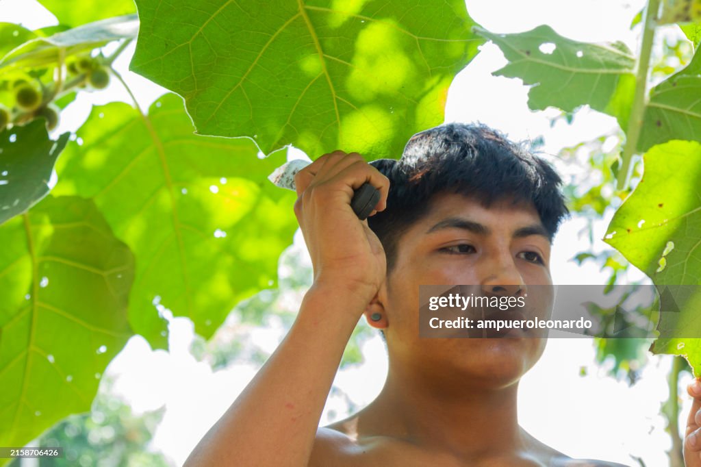 Ein junger indigener Mann arbeitet auf einer Naranjilla-Biofarm in seinem Amazonasdorf mitten im Regenwald. Tribu Quichua / Kichwa napuruna.
