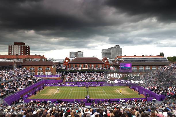 Graduated grey filter was used for this image.) A general view of play during the Men's Singles Semi Final match between Lorenzo Musetti of Italy and...