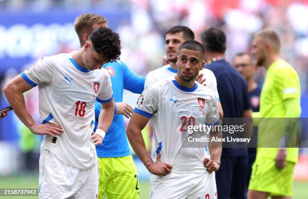Ladislav Krejci and Ondrej Lingr of Czechia react after the draw in the UEFA EURO 2024 group stage match between Georgia and Czechia at...