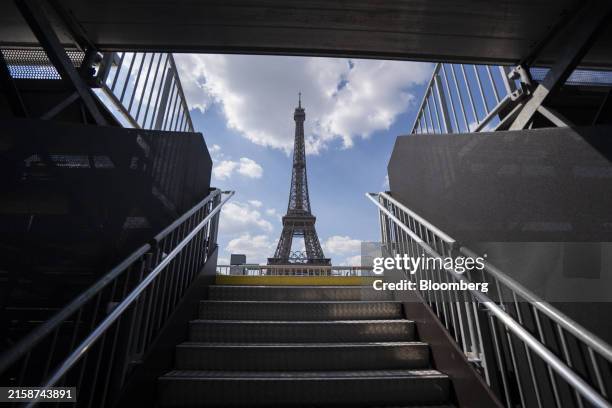 The Eiffel Tower Olympic stadium under construction in Paris, France, on Tuesday, June 25, 2024. France has poured 1.4 billion into cleaning up the...