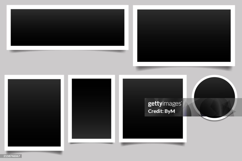 Set empty white photo frame. Realistic horizontal photo card frame mockup