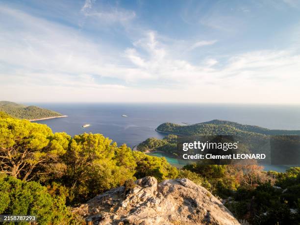 elevated view of the panorama at the summit of the mount montokuc at sunset in summer, with a view on wooded hills, the adriatic sea and lesisure boats, mljet island - dubrovnik-neretva county - dalmatia - croatia. - croatian culture stock pictures, royalty-free photos & images