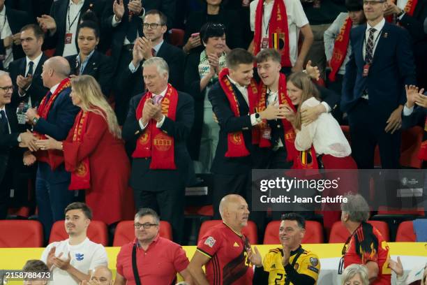 King Philippe of Belgium, Prince Gabriel of Belgium, Prince Emmanuel of Belgium; Princess Eleonore of Belgium celebrate the victory at final whistle...