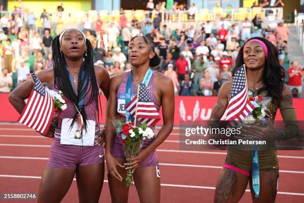 Twanisha Terry, third, Melissa Jefferson, second, and Sha'Carri Richardson, first place, react after competing in the women's 100 meter final on Day...