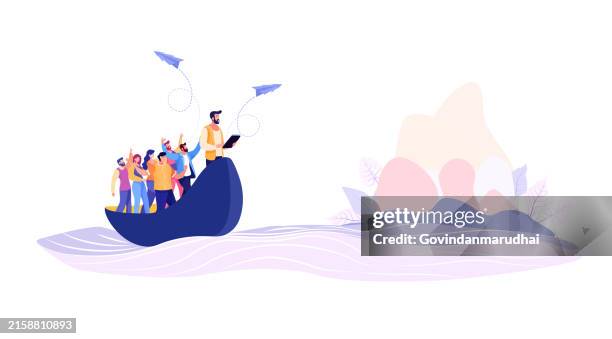 unternehmensleiter, der nach neuen horizonten und möglichkeiten sucht und das bootsteam zum ziel führt. führung, strategie, vision, missionskonzept. flache grafische vektorillustration isoliert auf weißem hintergrund - bootskapitän stock-grafiken, -clipart, -cartoons und -symbole