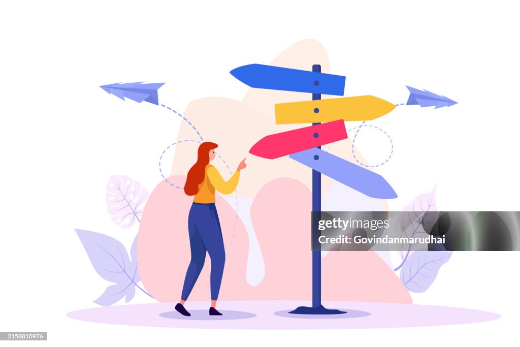 Beratung für die Richtung und geschäftliche oder persönliche Lösungsberatung für winzige Personen. Unterstützung bei der Zielwahl und der Suche nach einer Vektorillustration für den Selbstentwicklungspfad. Verloren und verwirrt.