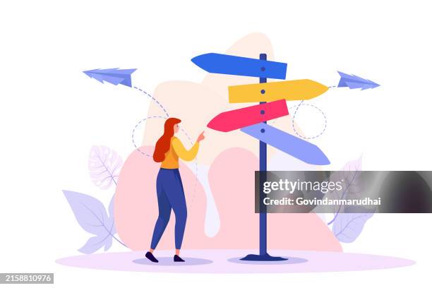 ilustraciones, imágenes clip art, dibujos animados e iconos de stock de asesoramiento para la dirección y la orientación de la solución empresarial o personal concepto de persona diminuta. asistencia para la elección del destino y la búsqueda de la ilustración vectorial de la ruta del autodesarrollo. perdido y confundido - señal de circulación