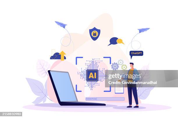 ilustrações de stock, clip art, desenhos animados e ícones de ai technology, artificial intelligence. man using technology smart robot ai, artificial intelligence by enter command prompt for generates something, futuristic technology transformation. chat with ai - inteligência artificial