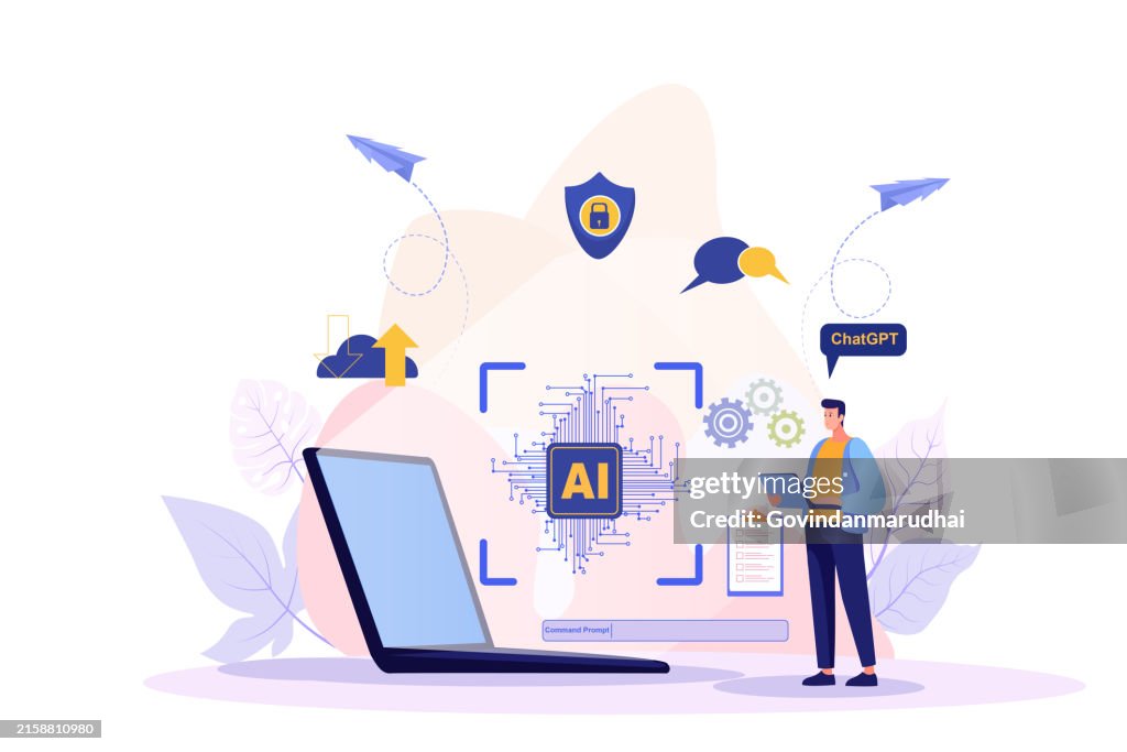 Ai technology, Artificial Intelligence. man using technology smart robot AI, artificial intelligence by enter command prompt for generates something, Futuristic technology transformation. Chat with AI