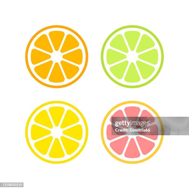 ilustraciones, imágenes clip art, dibujos animados e iconos de stock de iconos de secciones transversales de frutas cítricas - naranja fruta cítrica