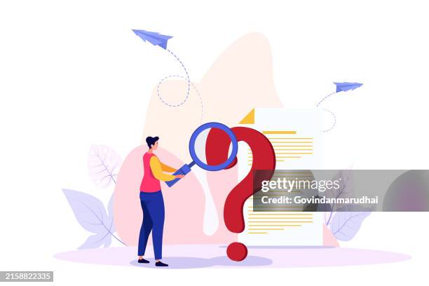 woman holds magnifying glass and looks through it at interrogation points floating around. business solution, problem solving and faq concept. flat vector illustration. - identity stock illustrations