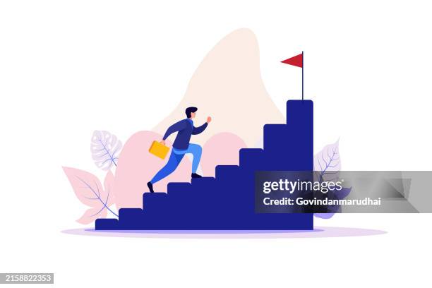 ilustraciones, imágenes clip art, dibujos animados e iconos de stock de ilustración vectorial, las personas corren hacia su objetivo en la columna de columnas, suben la motivación, el vector, el camino hacia el logro del objetivo - aspirar
