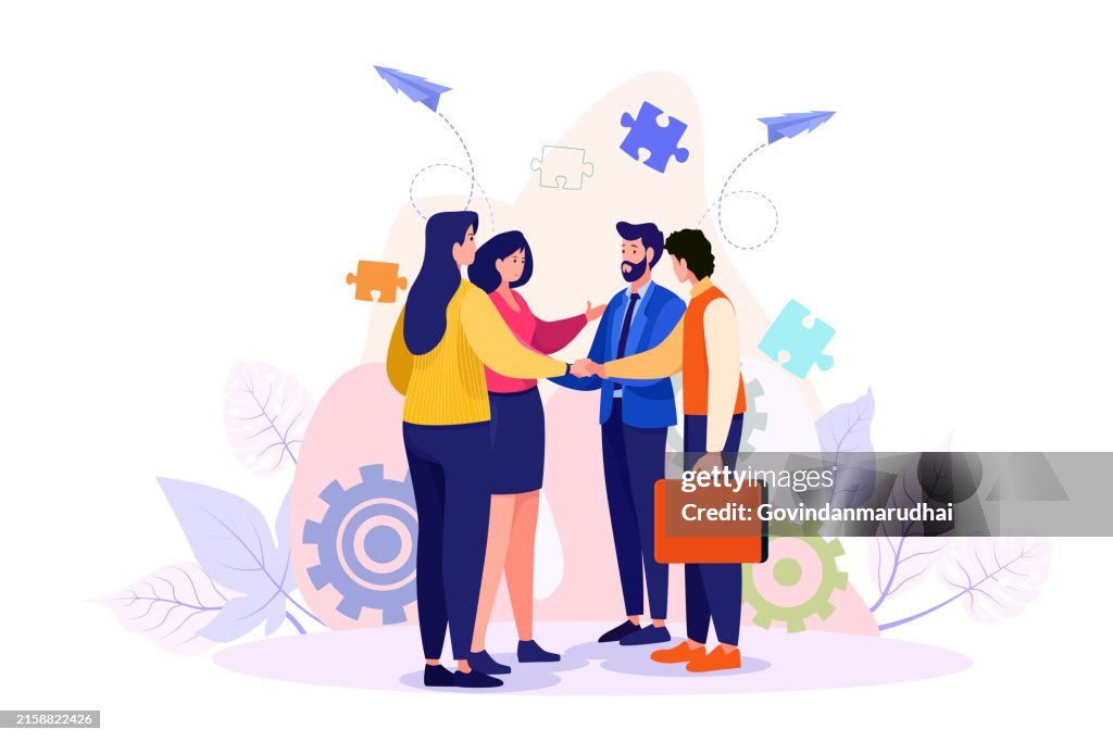 Team of business people celebrate success in work collaboration together, giving high five with joy. Unity and support between colleagues concept. Flat vector illustration isolated on white background
