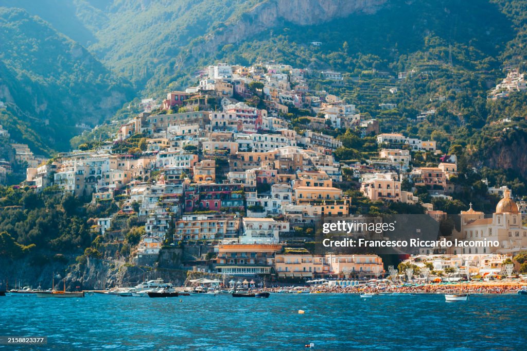 Positano, Amalfi Coast, Campania, Sorrento, Italy. Seen from the boat