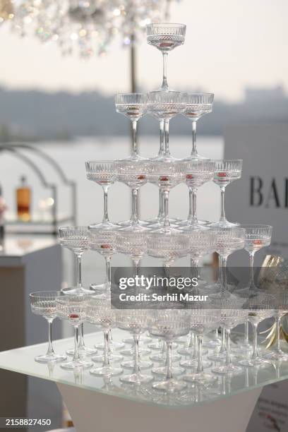 champagne glass tower in wedding ceremony. - champagne tower stock pictures, royalty-free photos & images