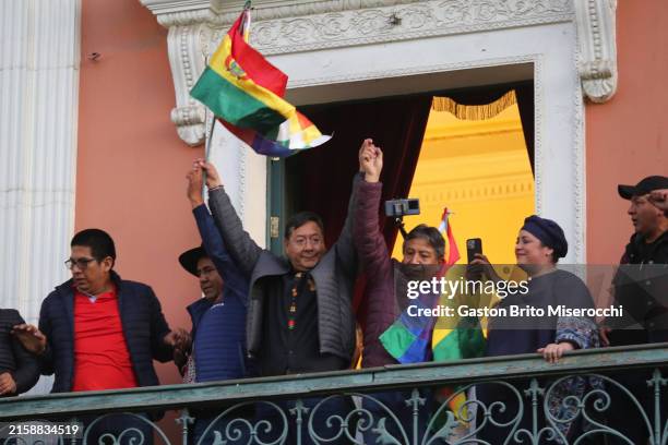 President of Bolivia Luis Arce Catacora speaks on the balcony of Palacio Quemado after a press conference on June 26, 2024 in La Paz, Bolivia....