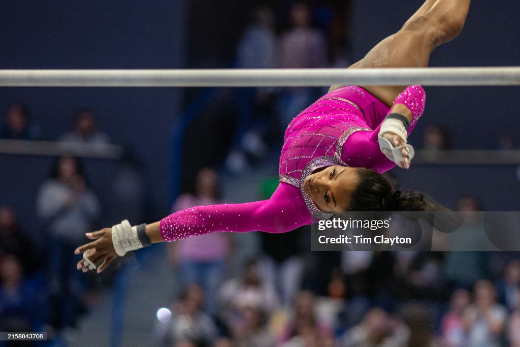 Simone Biles performs her uneven bars routine during the 2024 Core ...