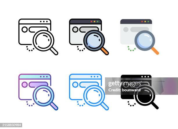 browser with magnifying glass icon. 6 different styles. editable stroke. - web browser window stock illustrations