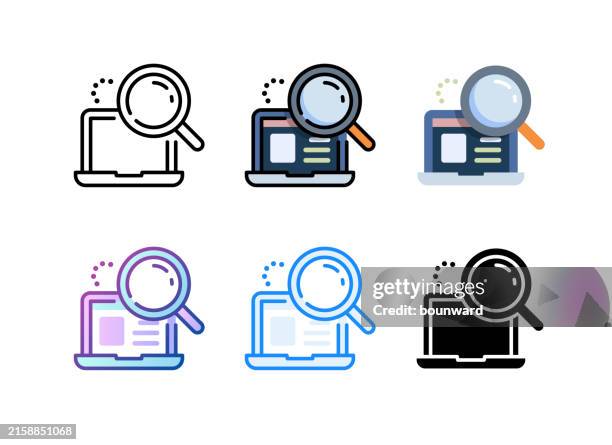 with magnifying glass icon. 6 different styles. editable stroke. - computer screen close up stock illustrations