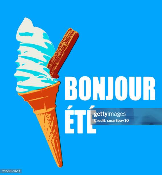ice cream cones - hello summer (in french) - posterized stock illustrations